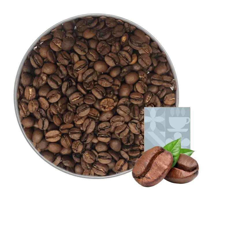 Średnio palone, brązowe ziarna kawy w puszce, na dole grafika dwóch ziaren kawy z zielonymi listkami na tle szarego prostokąta.