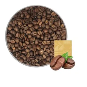 Roasted coffee beans in a metal tin, next to a graphic of two beans and green leaves against a brown rectangle.