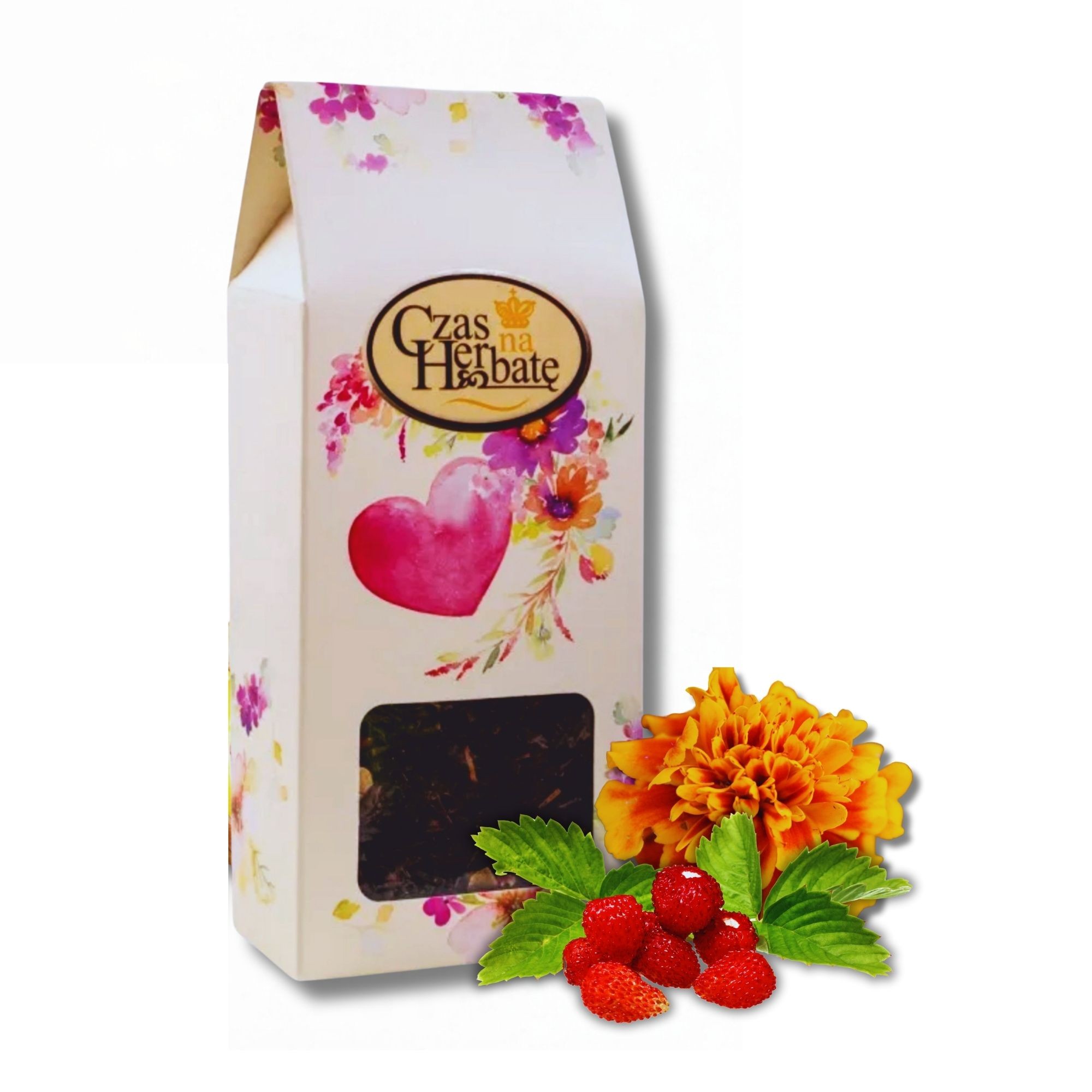 Herbata Czas na Herbatę w białym, kwiatowym opakowaniu z różowym sercem, dekorowana grafiką poziomek i aksamitki.