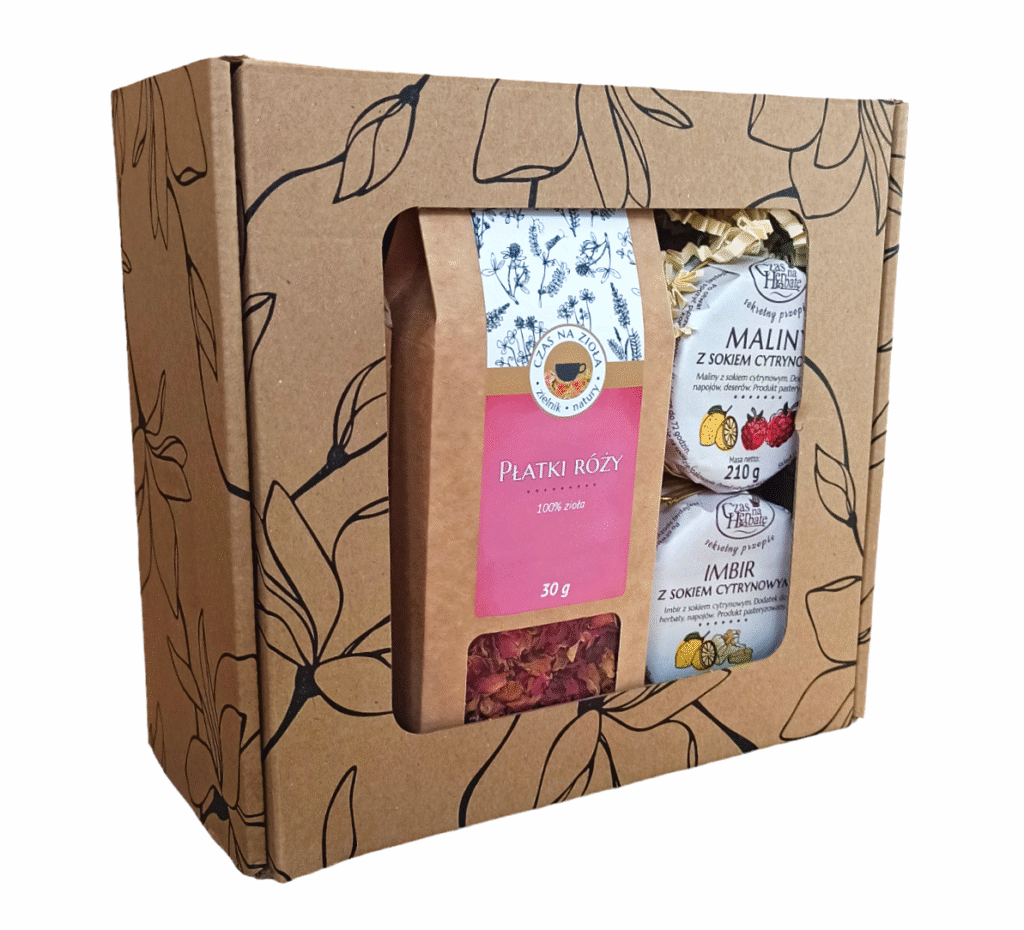 Zestaw prezentowy w ozdobnym, kartonowym pudełku z okienkiem; w środku płatki róży oraz dwa słoiczki z przetworami owocowymi.