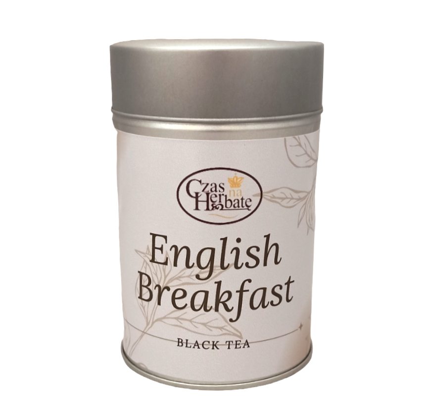 Srebrna puszka herbaty Czas na Herbatę z napisem "English Breakfast BLACK TEA", z delikatną grafiką liści na jasnym tle.