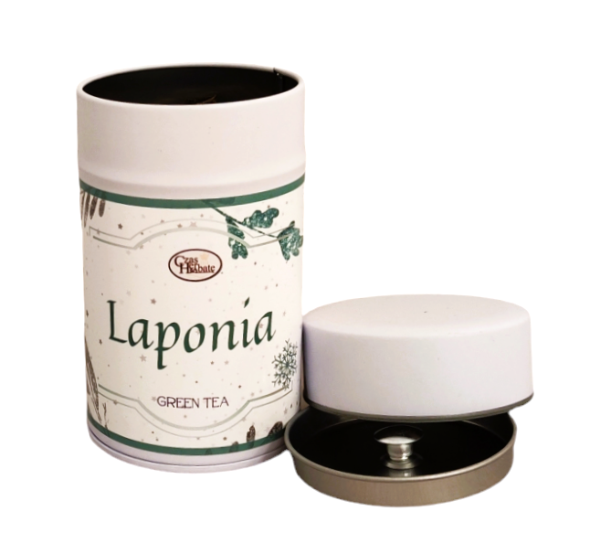 Laponia tea tin (green tea) with an open lid next to it, showing the metal interior and silicone lid seal.