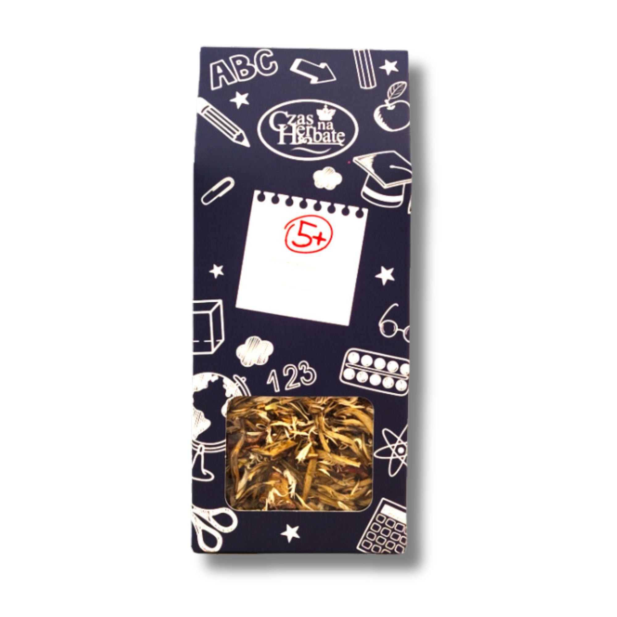 Widok z przodu na granatowe opakowanie herbaty Czas na Herbatę ze szkolnymi grafikami, napisem "5+", okienkiem z zawartością.