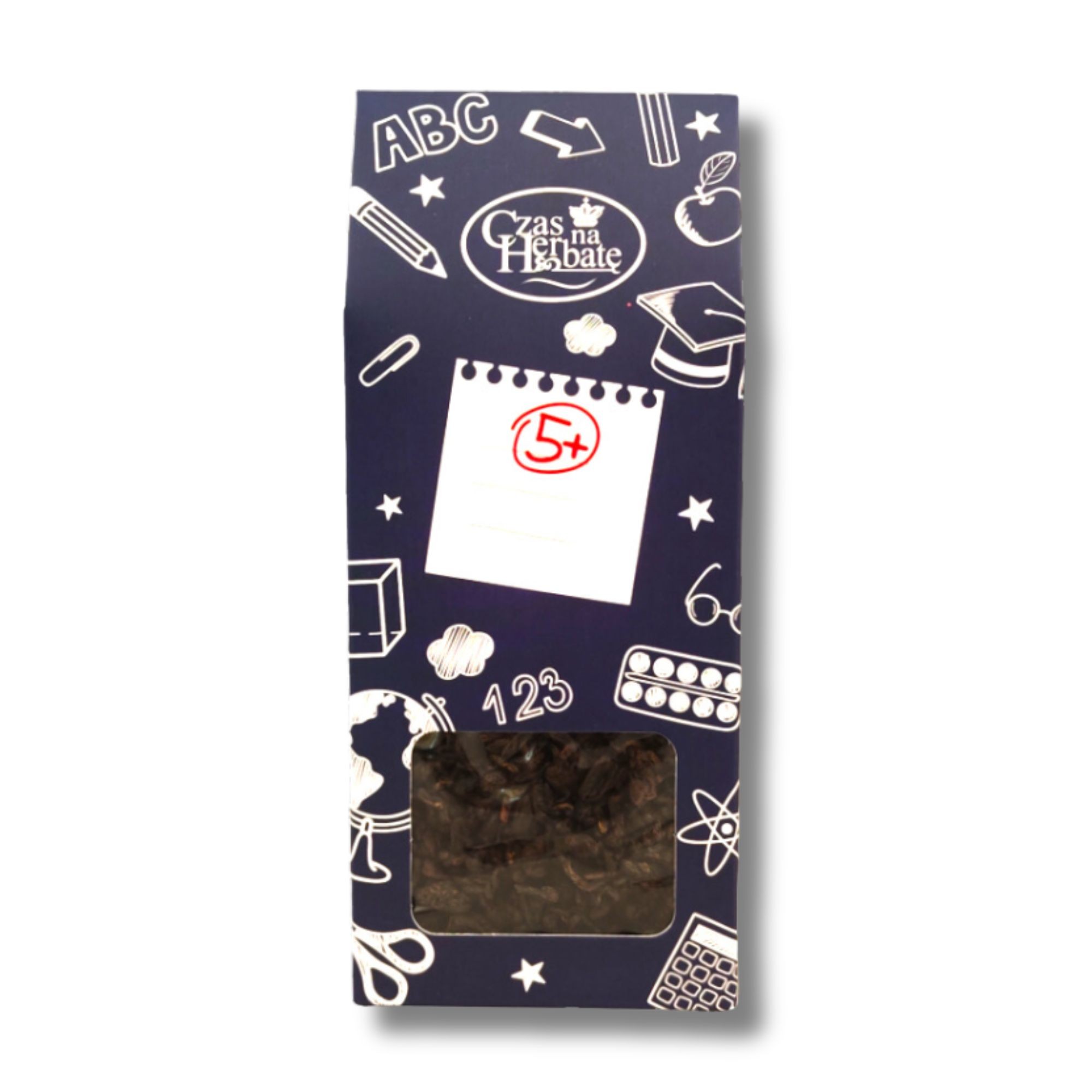 Widok z przodu na granatowe opakowanie herbaty Czas na Herbatę ze szkolnymi grafikami, napisem "5+", okienkiem z zawartością.