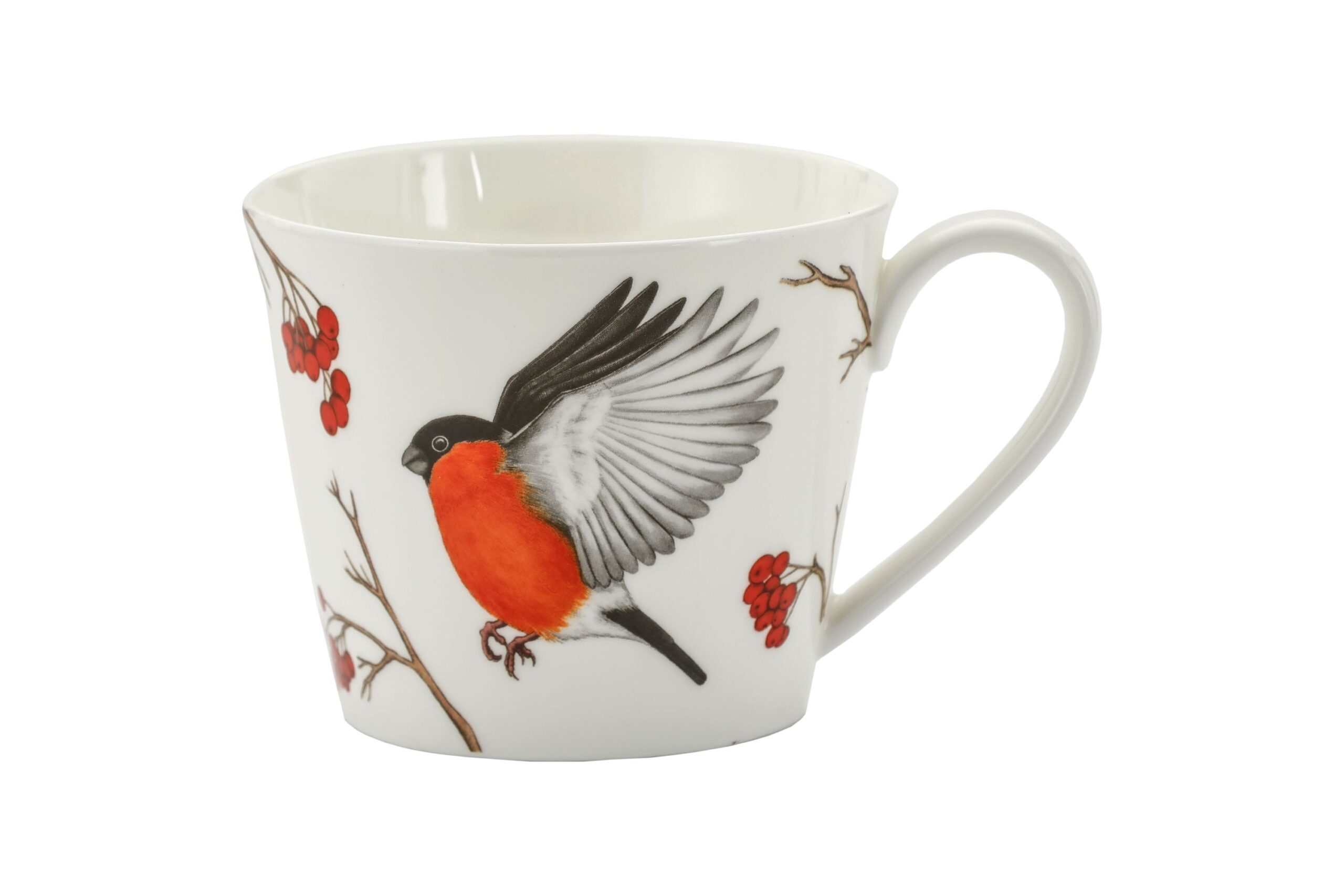 A white teacup with an illustration of a flying guillemot and branches with red rowan fruit, on a white background.