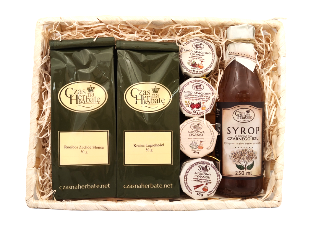 Widok z przodu na zestaw prezentowy z herbatą: dwie herbaty, cztery miody i syrop z kwiatów czarnego bzu.
