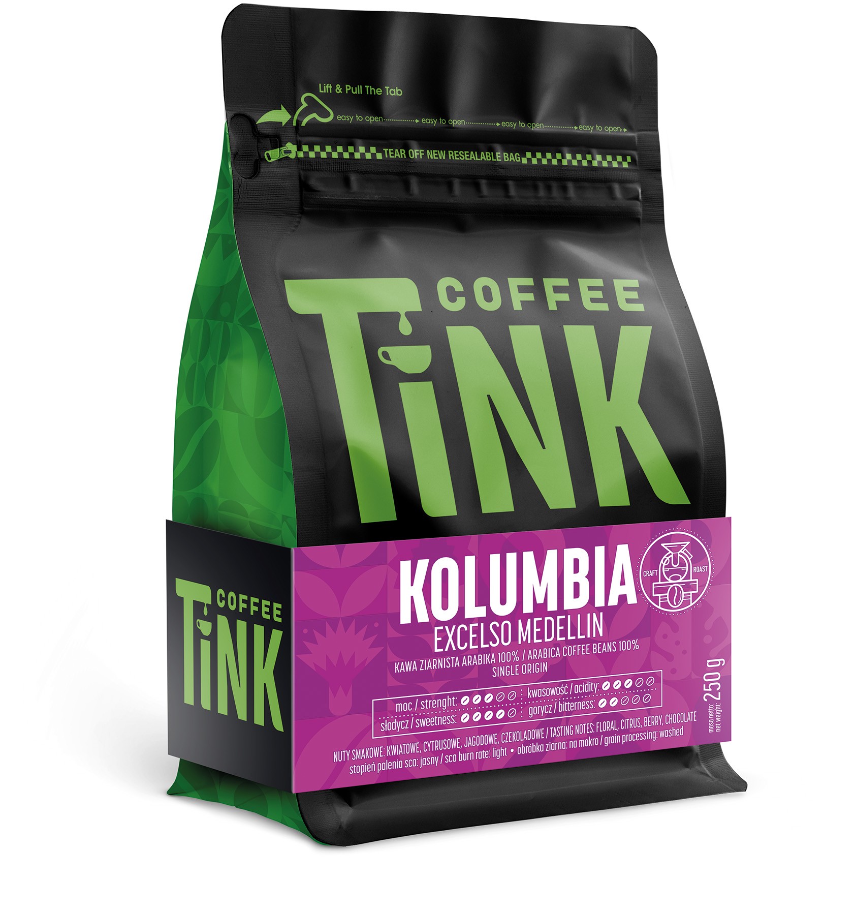 Tink Coffee Kolumbia Excelso Medellin 250g – 100% arabica, delikatna, nuty kwiatowe, cytrusowe, jagodowe i czekoladowe.