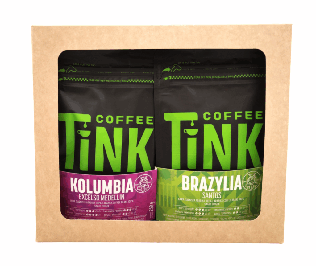 Widok z przodu na zestaw dwóch opakowań kawy Tink w kartonowym pudełku – Kolumbia Excelso Medellin oraz Brazylia Santos.