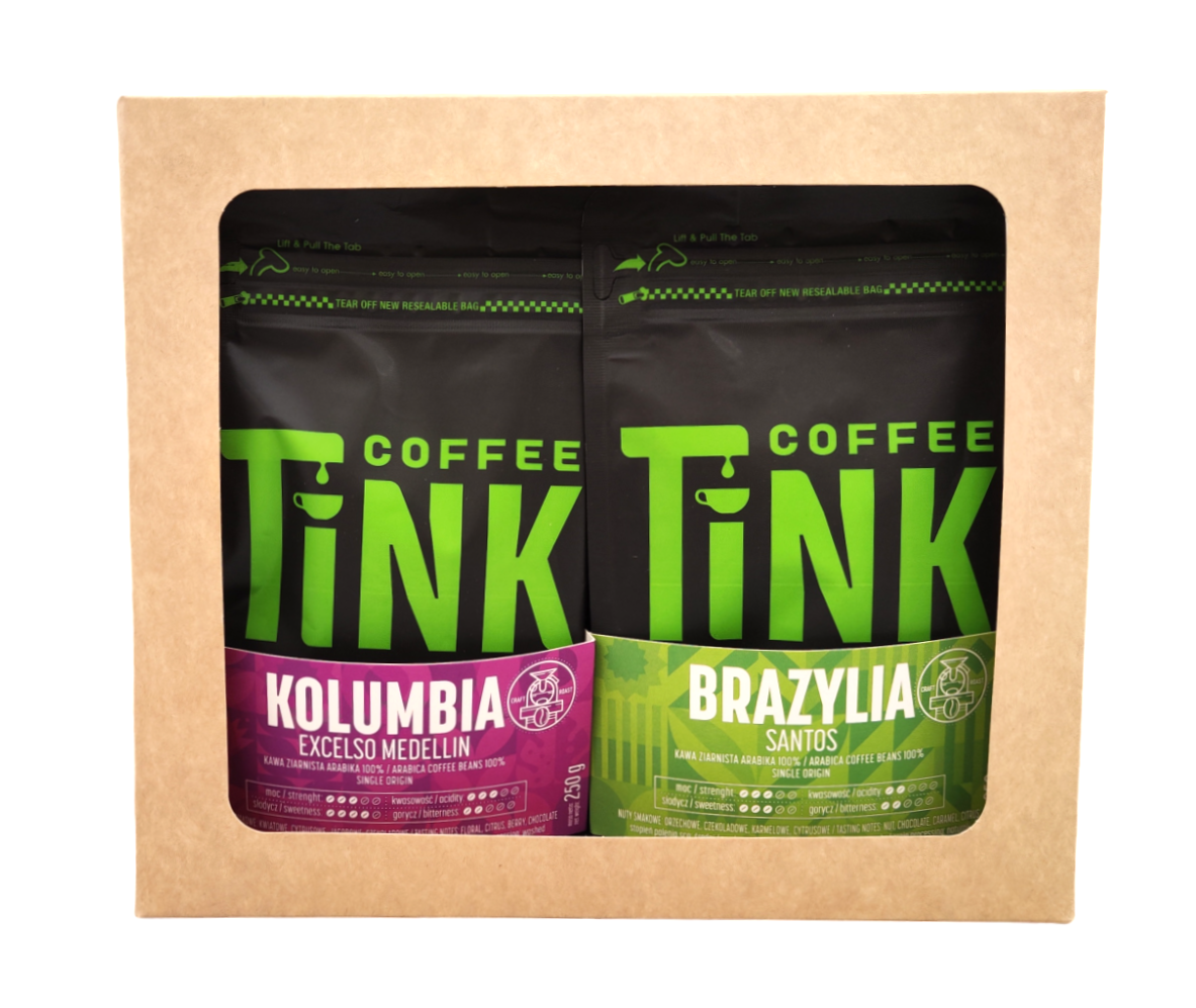 Widok z przodu na zestaw dwóch opakowań kawy Tink w kartonowym pudełku – Kolumbia Excelso Medellin oraz Brazylia Santos.