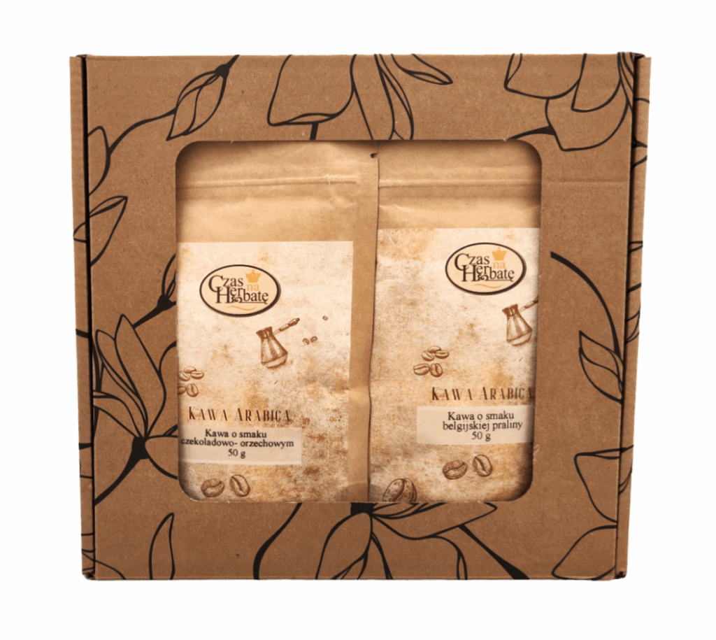 Widok z przodu na zestaw dwóch opakowań kawy arabica w kartonowym pudełku z liściastym motywem graficznym.