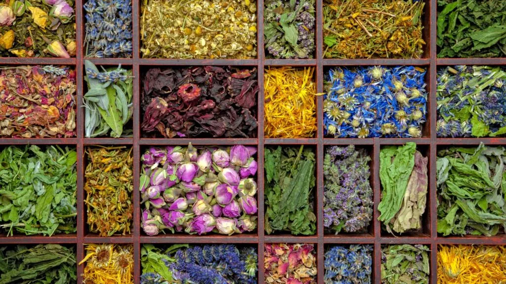 Kolorowe, suszone zioła i kwiaty ułożone w przegródkach drewnianej skrzynki, widok z góry.