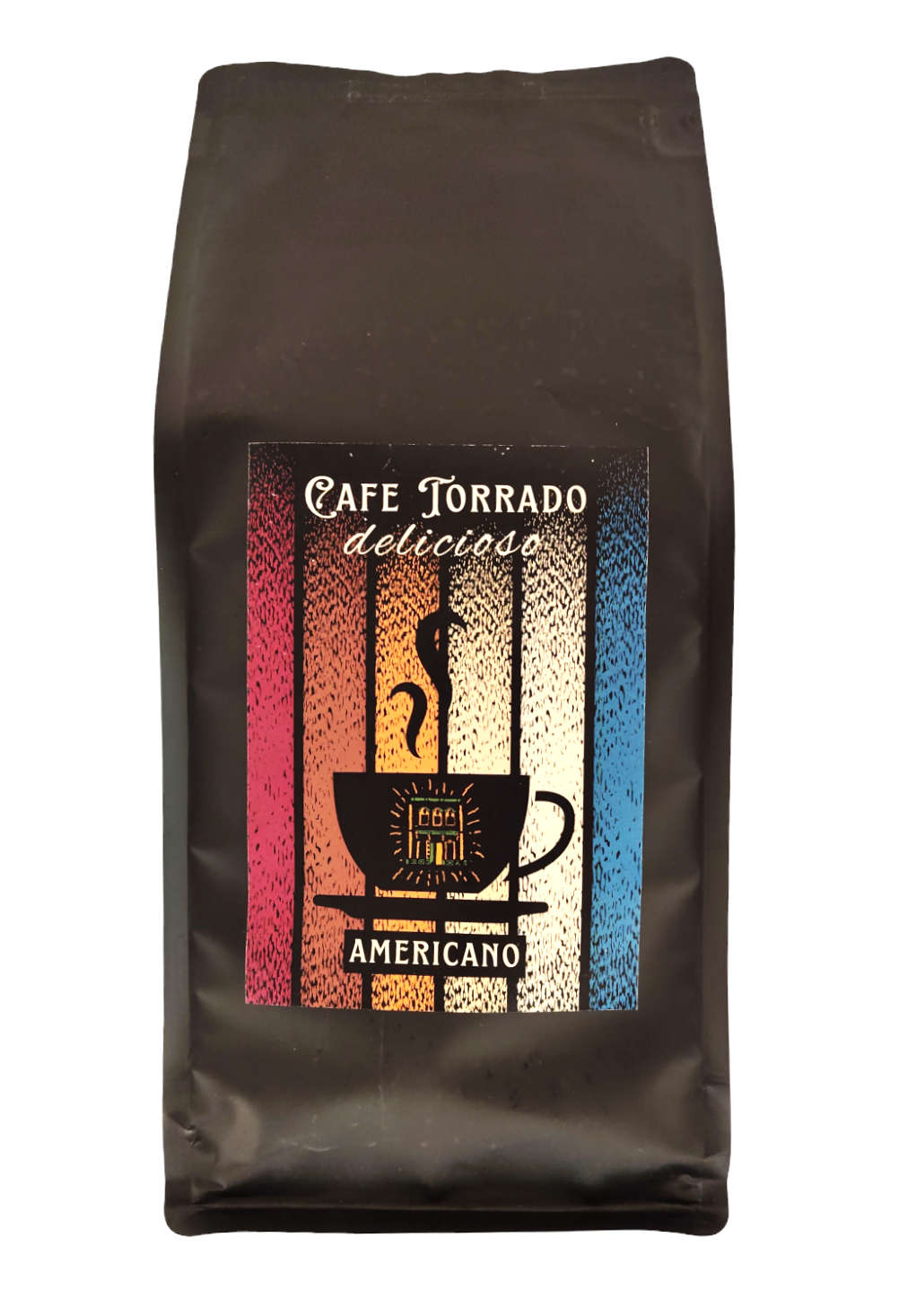 Widok z przodu na kawę Cafe Torrado Delicioso Americano w dużym opakowaniu z etykietą przedstawiającą filiżankę na tle czerwieni, beżu i granatu.