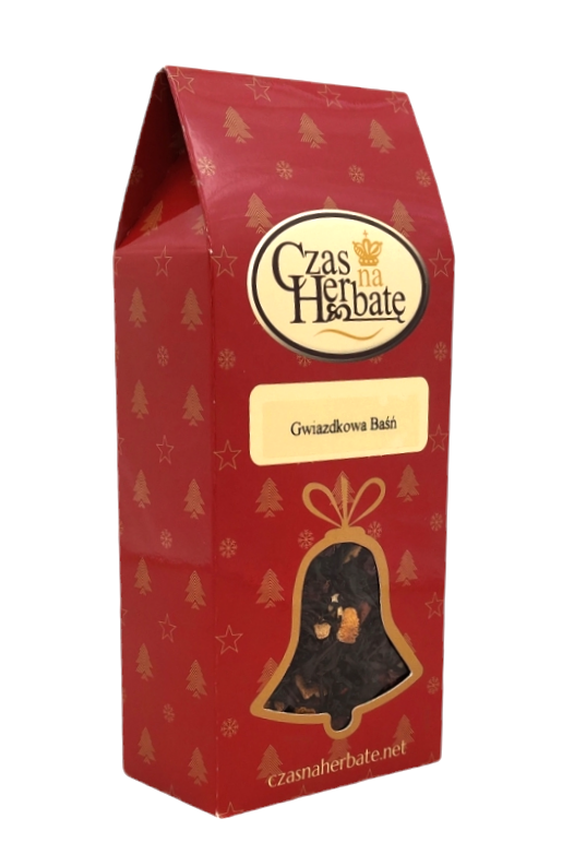 Widok z boku na czerwone opakowanie herbaty Czas na Herbatę "Gwiazdka Baśń" z okienkiem w kształcie dzwonka.