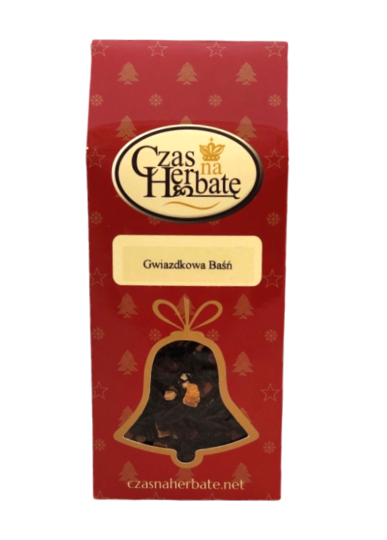 Widok z przodu na czerwone opakowanie herbaty Czas na Herbatę "Gwiazdka Baśń" z okienkiem w kształcie dzwonka.