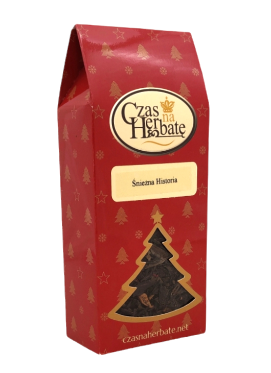 A side view of the festive Snow Story tea package with a transparent window in the shape of a Christmas tree, decorated with a holiday theme.