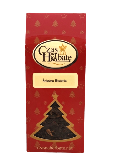 Front view of the festive Snow Story tea package with a transparent window in the shape of a Christmas tree, decorated with a holiday theme.