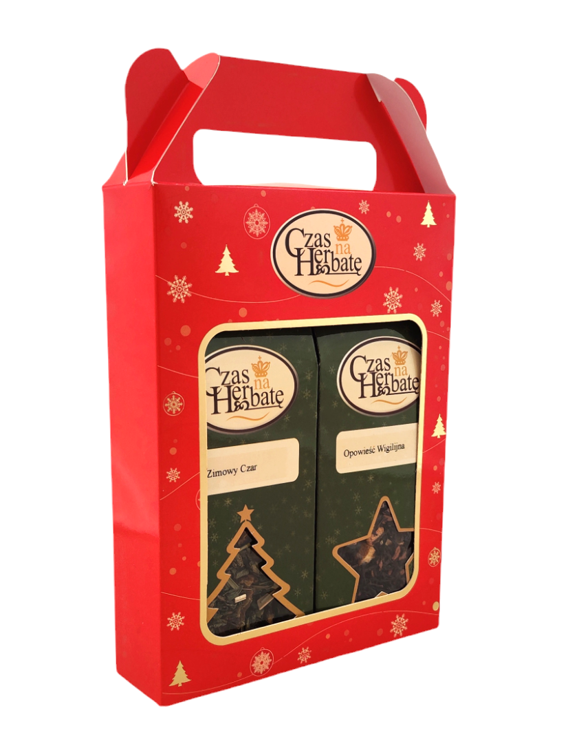 Widok z boku na zestaw zawierający herbatę Zimowy Czar i Opowieść Wigilijna w ozdobnym czerwonym kartoniku z okienkami.