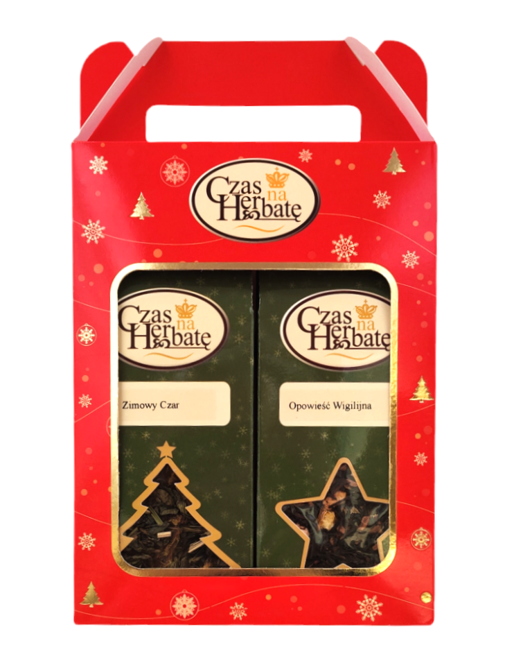 Widok z przodu na zestaw zawierający herbatę Zimowy Czar i Opowieść Wigilijna w ozdobnym czerwonym kartoniku z okienkami.