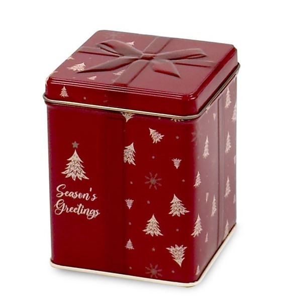 Christmas tea tin: red metal container with a print of Christmas trees, the words "Season's Greetings" and an embossed bow on the lid.