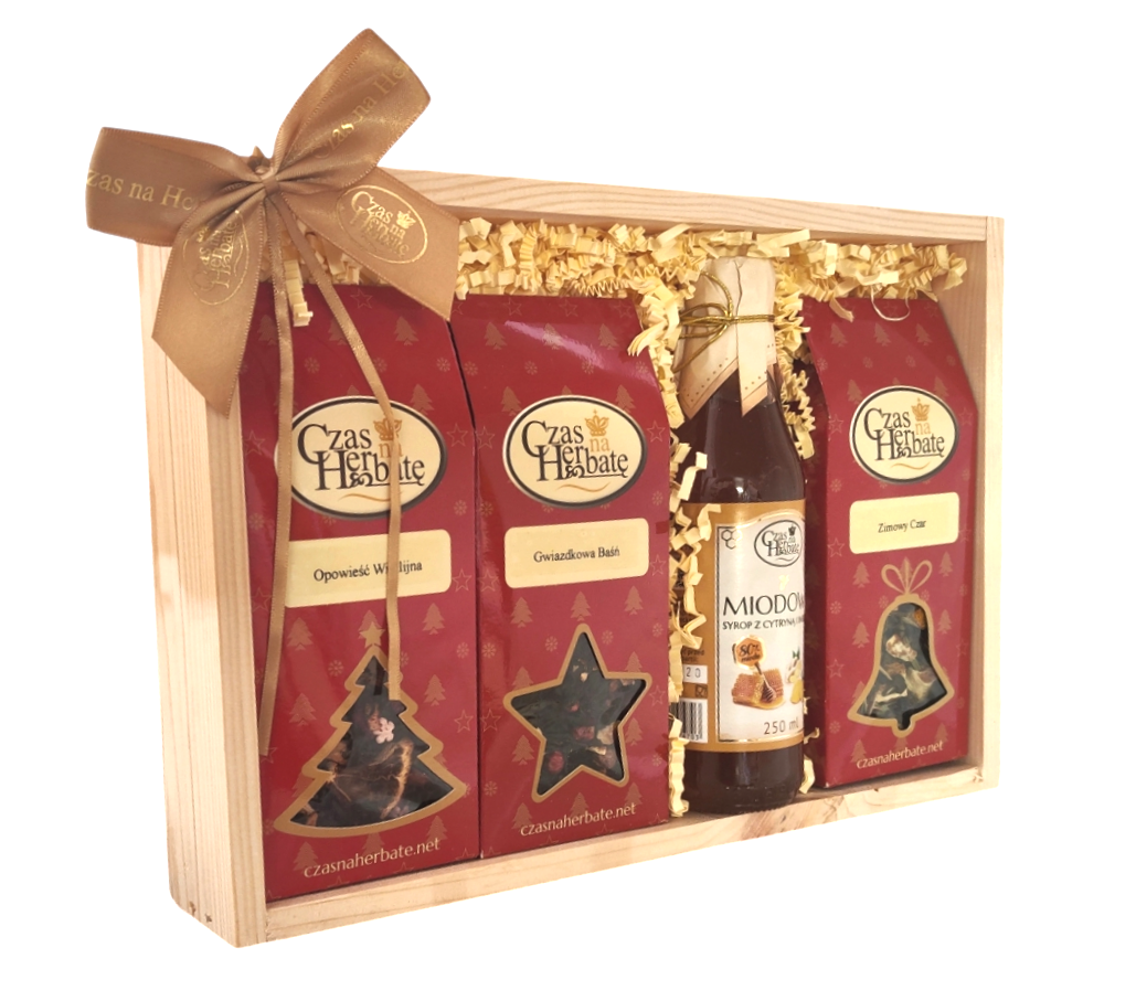 A side view of a set containing three Christmas teas (Christmas Story, Christmas Tale, Winter Wonderland) and honey syrup with lemon and ginger.