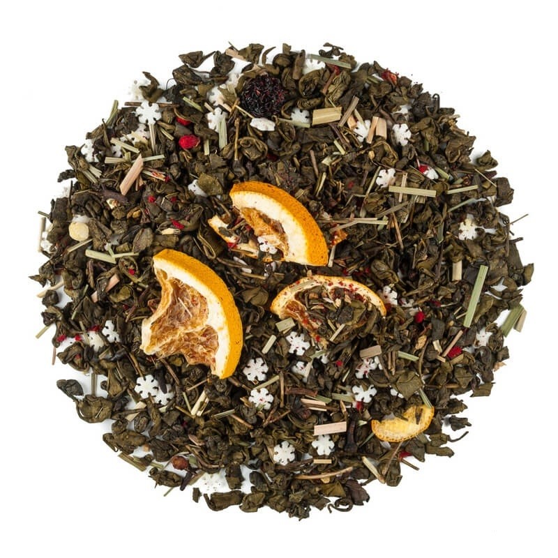 Green tea with dried lemon, lemongrass, berries and sugar snowflakes.