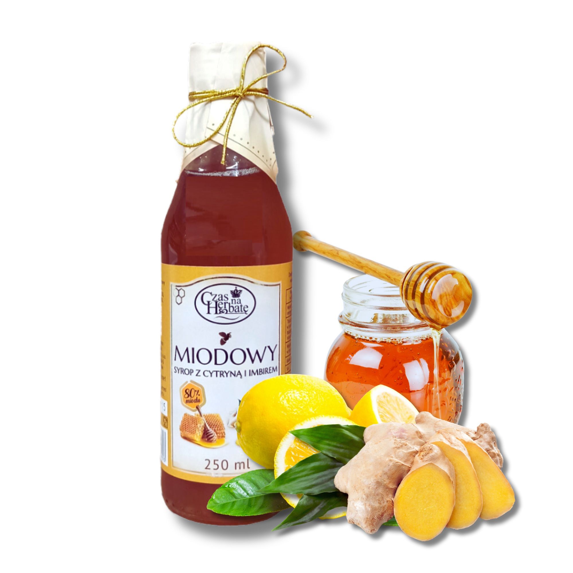 Honey syrup with lemon and ginger (250 ml) - a thick addition to tea based on honey, with lemon and fresh ginger.
