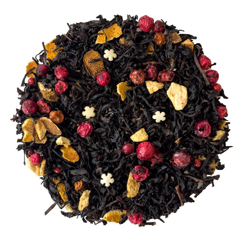 Black tea with dried fruits (orange, rowan, currant) and sugar snowflakes.