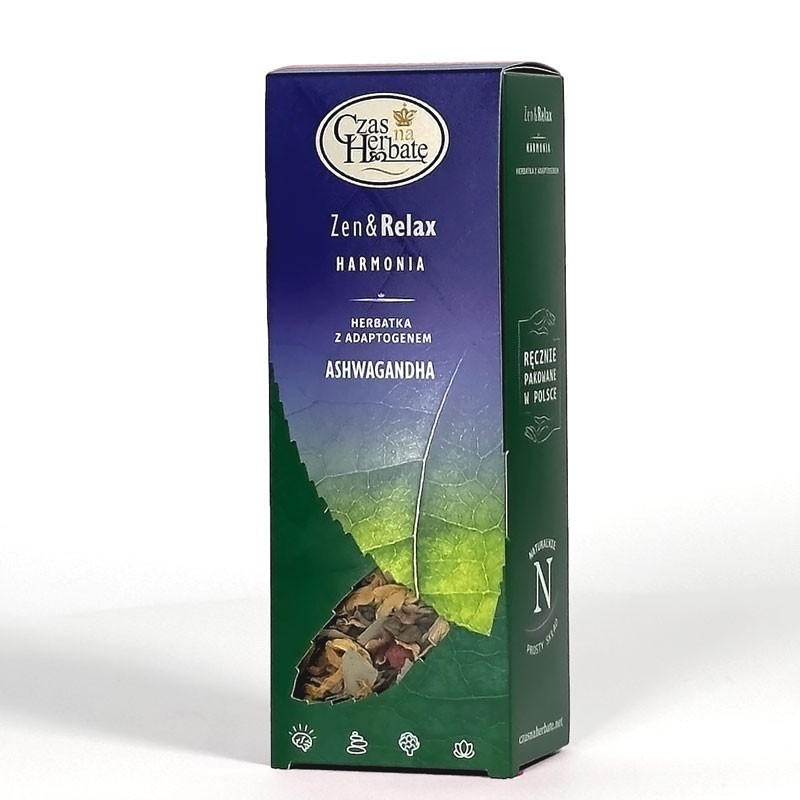 Opakowanie herbaty „Ashwagandha” z linii Zen & Relax; front informuje o naturalnym składzie oraz ręcznym pakowaniu w Polsce.