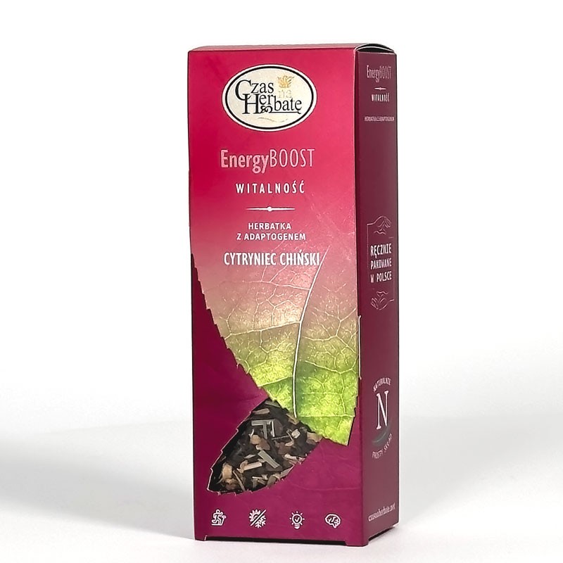 Opakowanie herbaty „Cytryniec chiński” z linii EnergyBOOST; front podkreśla jej naturalny skład oraz ręczne pakowanie w Polsce.