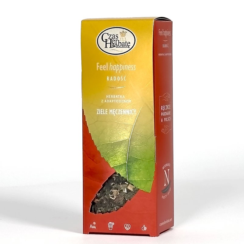Opakowanie herbaty „Ziele męczennicy” z linii Feel happiness; front informuje o jej naturalnym składzie i ręcznym pakowaniu w Polsce.