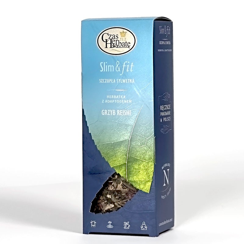 Opakowanie herbaty „Grzyb Reishi” z linii Slim & Fit marki Czas na Herbatę; front informuje o jej naturalnym składzie oraz ręcznym pakowaniu w Polsce.