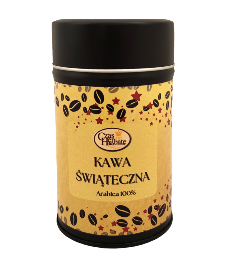 Żółta puszka z czarną pokrywką, ozdobiona wzorem ziaren kawy i gwiazdek, etykieta: „Kawa Świąteczna Arabica 100%, Czas na Herbatę”.
