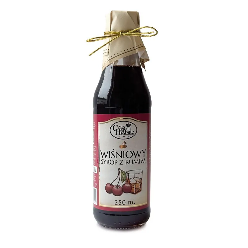 Wiśniowy syrop z rumem marki Czas na Herbatę, 250 ml. Butelka z ozdobnym złotym sznureczkiem.