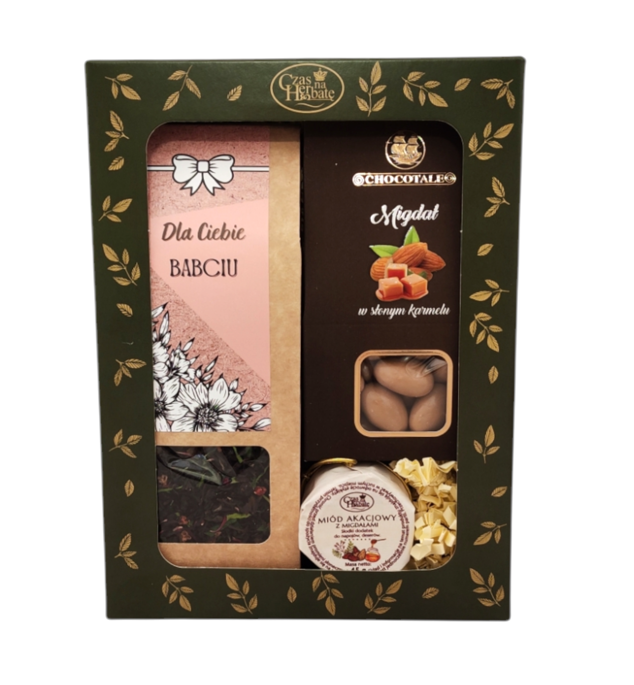 Widok z przodu na zestaw prezentowy w pudełku, zawierający herbatę „Dla Ciebie Babciu”, migdały w słonym karmelu i słoiczek miodu akacjowego z maliną