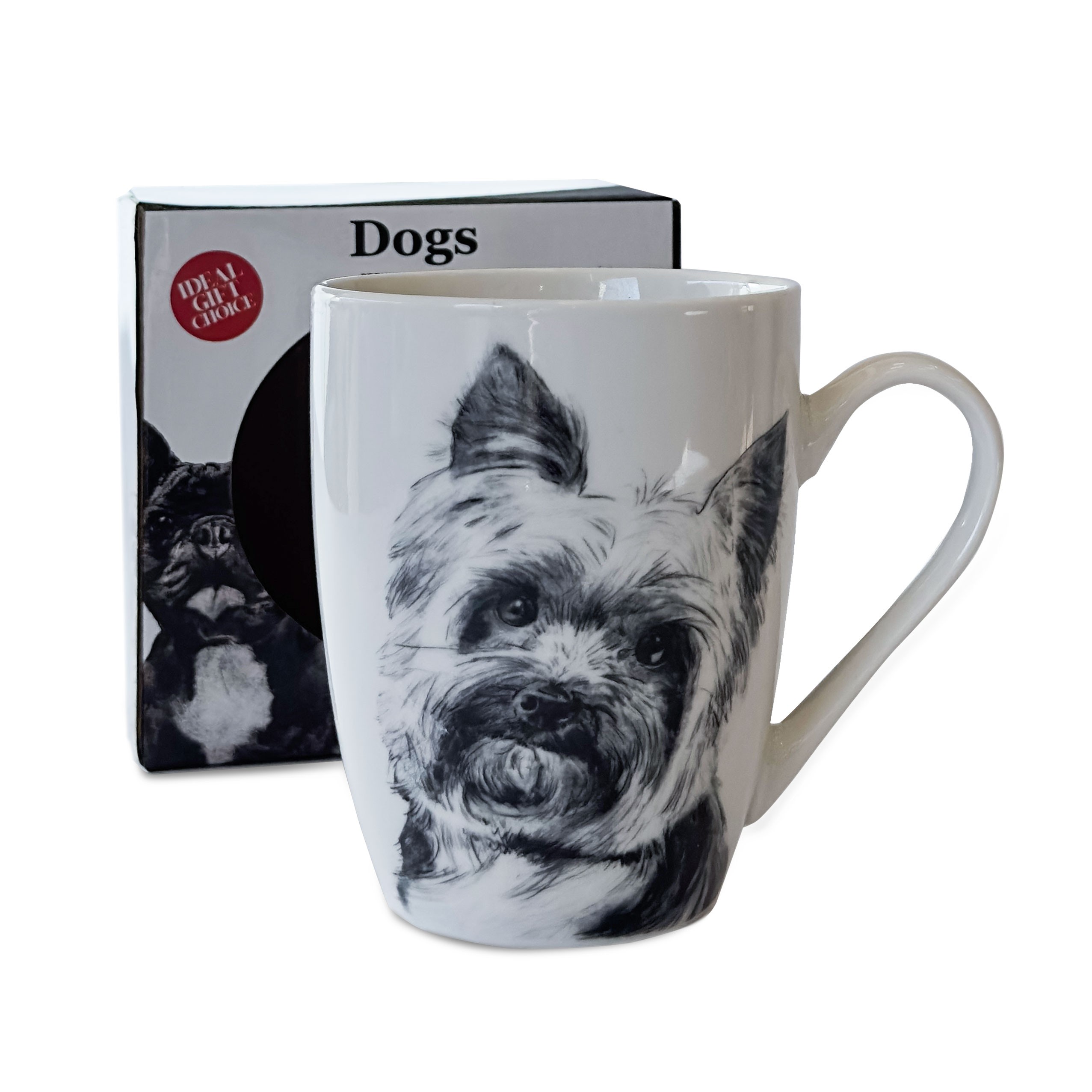 Kubek porcelanowy z czarno-białym rysunkiem yorkshire terriera, w tle widoczne dedykowane opakowanie z napisem „Dogs”.