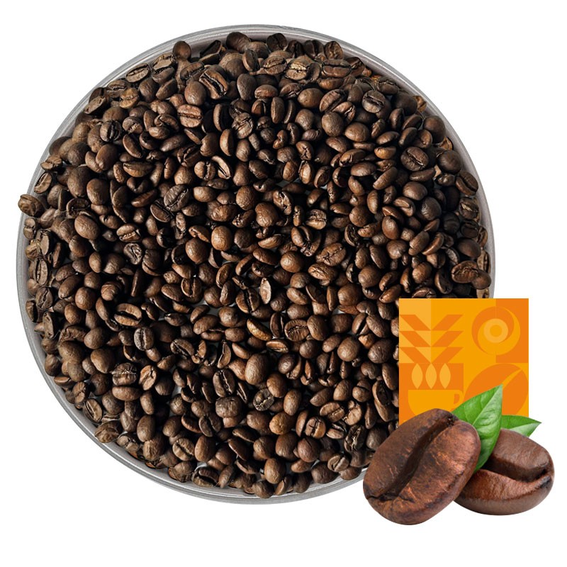 Palone ziarna kawy w okrągłym pojemniku, w prawym dolnym rogu grafika zbliżenia ziaren kawy i listka na tle żółtej etykiety.