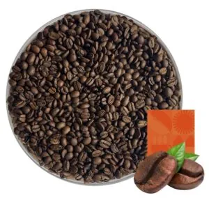 Roasted coffee beans in a round container, with a close-up graphic of coffee beans and leaf against an orange label in the lower right corner.