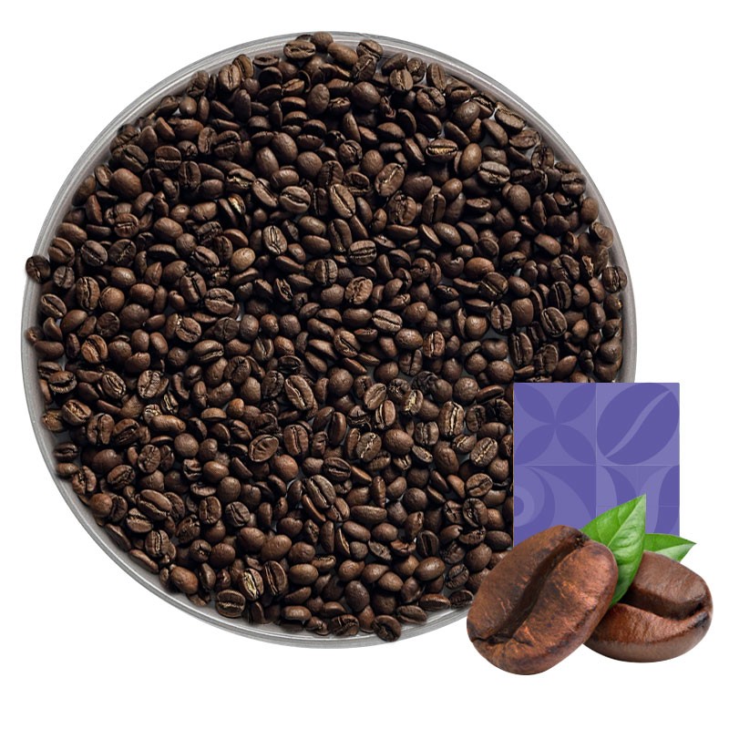 Roasted coffee beans in a round container, with a graphic of a close-up of the beans and leaf at the bottom against a purple label.