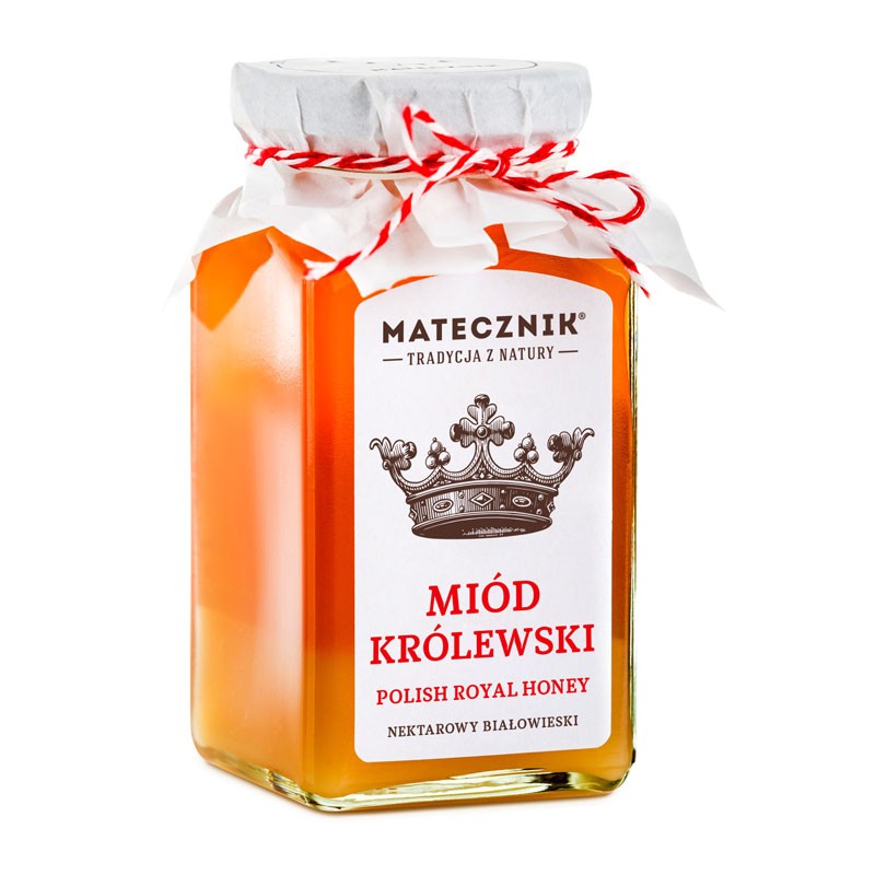 Słoik miodu Matecznik nektarowy z Puszczy Białowieskiej, ozdobnie zapakowany z białą serwetką i czerwono-białym sznurkiem, etykieta z koroną.