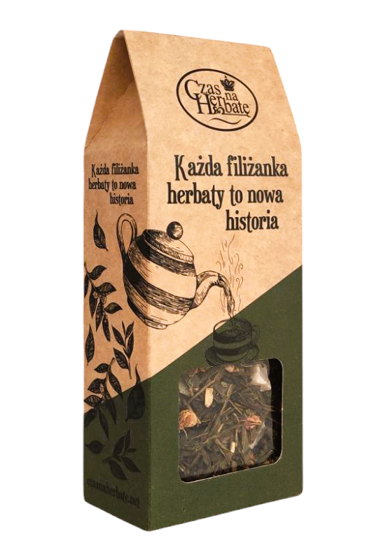 Herbata Czas na Herbatę w kartonowym opakowaniu z napisem „Każda filiżanka herbaty to nowa historia”, z okienkiem ukazującym liściastą mieszankę.