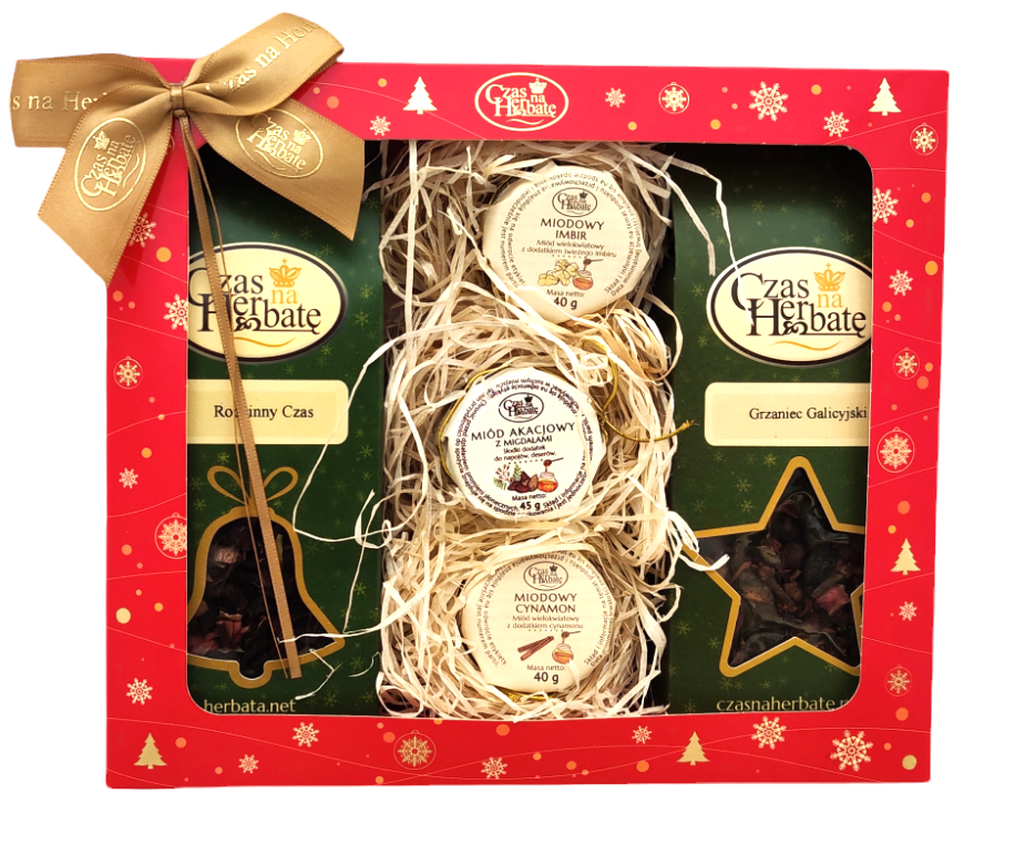Świąteczny zestaw prezentowy Czas na Herbatę z dwiema herbatami i trzema miodami, w ozdobnym pudełku z kokardą, idealny na upominek.