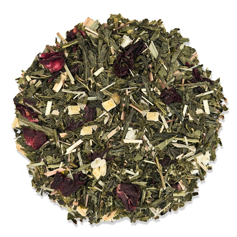 Green tea with lemongrass, hibiscus and pieces of fruit, a blend with a fresh, citrus-floral appearance, top view.