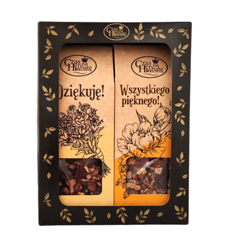 Widok z przodu na zestaw prezentowy dwóch herbat w pudełku z roślinnym motywem, napisy „Dziękuję!” i „Wszystkiego pięknego!”.