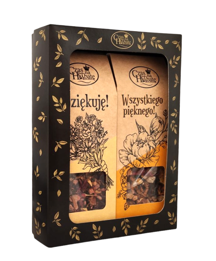 Widok z boku na zestaw prezentowy dwóch herbat w pudełku z roślinnym motywem, napisy „Dziękuję!” i „Wszystkiego pięknego!”.