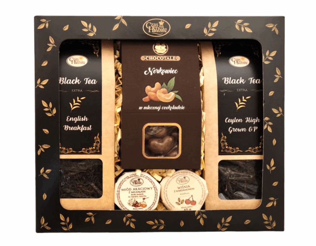 Widok z przodu na zestaw prezentowy: czarne herbaty (English Breakfast, Ceylon High Grown GP), nerkowce w czekoladzie, miód i konfitura.