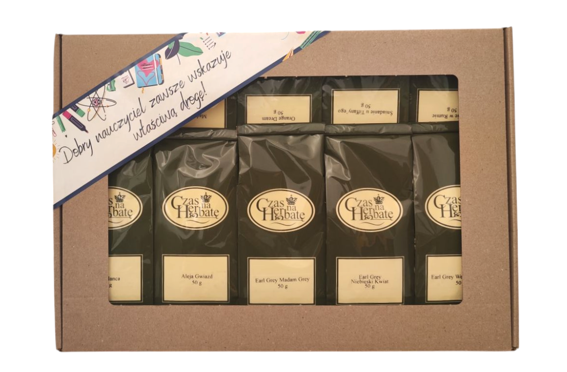 Zestaw herbat „Czas na Herbatę” w kartonowym pudełku z okienkiem, ozdobiony opaską z napisem „Dobry nauczyciel zawsze wskaże właściwą drogę”.