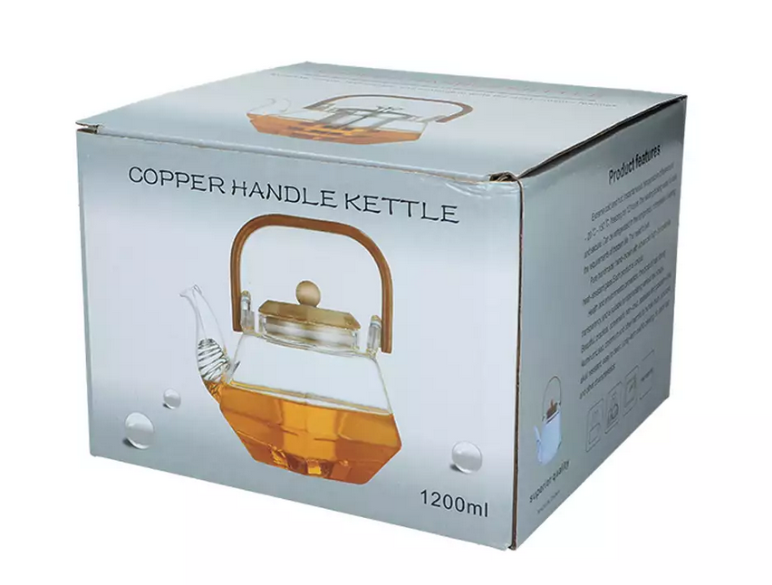 Pudełko szklanego czajnika do herbaty z miedzianym uchwytem, pojemność 1200 ml, z napisem „Copper Handle Kettle” oraz zdjęciem produktu na froncie.