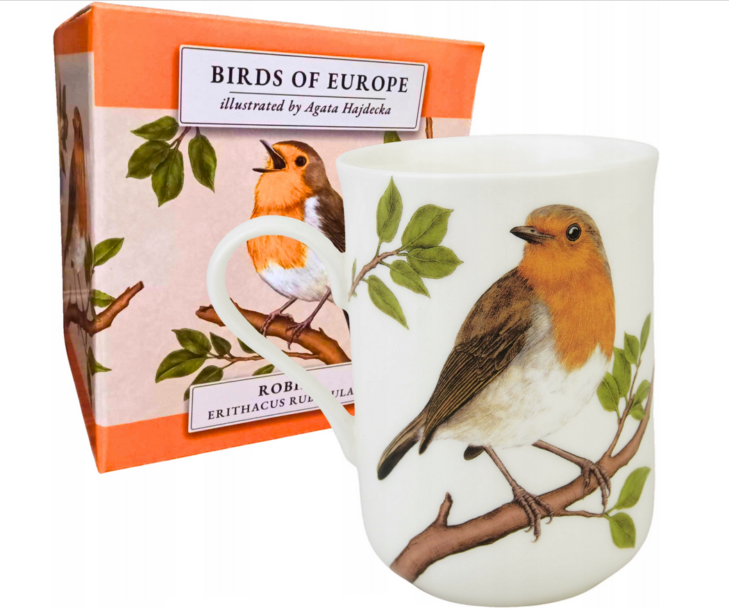 Porcelanowy kubek Birds of Europe z ilustracją rudzika na gałęzi, w komplecie z ozdobnym pomarańczowym pudełkiem, projekt Agata Hajdecka.