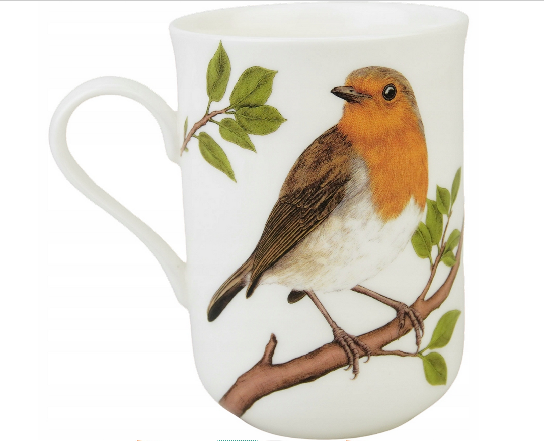 Porcelanowy kubek z ilustracją rudzika (Erithacus rubecula) siedzącego na gałęzi z zielonymi liśćmi, realistyczny styl botaniczny.