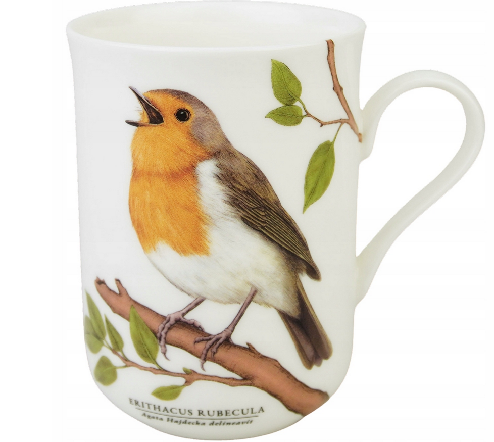 Porcelanowy kubek z realistyczną ilustracją śpiewającego rudzika siedzącego na gałęzi z zielonymi liśćmi, podpis Agata Hajdecka.